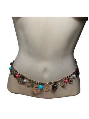 Graciano Belt Spartan Coins Dangling Medallions Beads Gold Tone 36" Adjustable